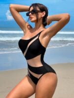 New Solid Color Hollow Mesh One-Piece Swimsuit with Sexy Bikini Design