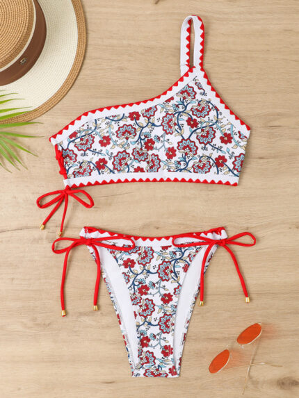 One-Shoulder Printed Split Bikini with Triangle Lace-Up and Adjustable Straps