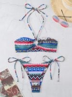 New Halterneck Lace-Up Adjustable Printed Multi-Color Split Bikini