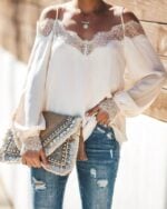 Lace-Trimmed Chiffon V-Neck Long Sleeve Top – New Elegant Solid T-Shirt with Sexy Details