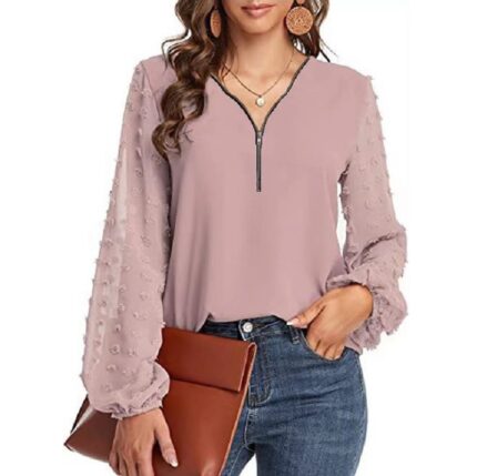 V-neck Zipper Chiffon Shirt with Hairball Splicing for a Loose Fit – New Long-Sleeved Top