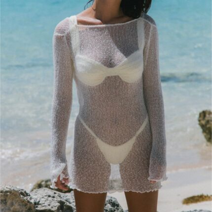 Long Sleeve Knitted Beach Resort Dress with Stylish See-Through Detail