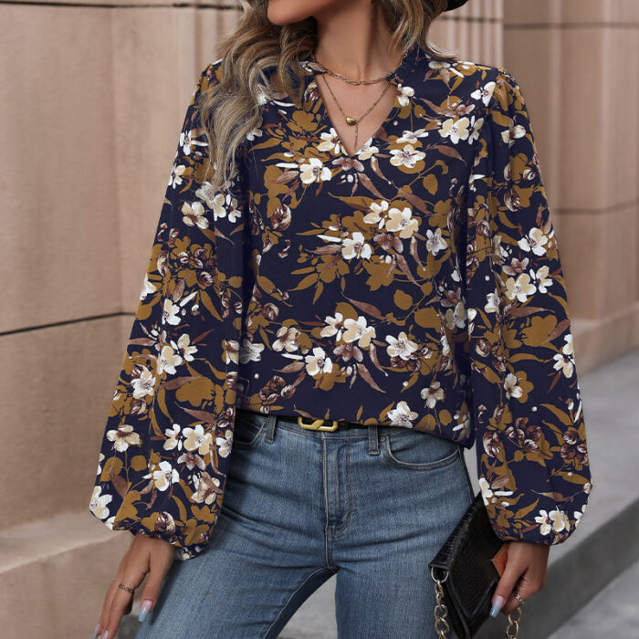French Retro Floral Print Long-Sleeved Shirt with V-Neck