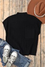 Chic Black Ribbed Knit Sweater with Short Sleeves and Patch Pockets