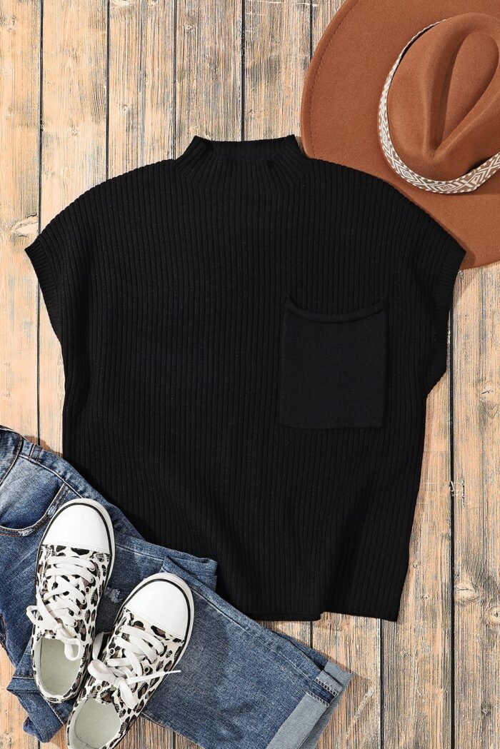 Chic Black Ribbed Knit Sweater with Short Sleeves and Patch Pockets