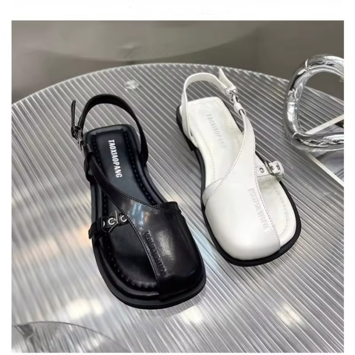 New Baotou Hollow Soft Leather Sandals - Flat One Word Buckle, Casual Fashion Platform Sandals for Women