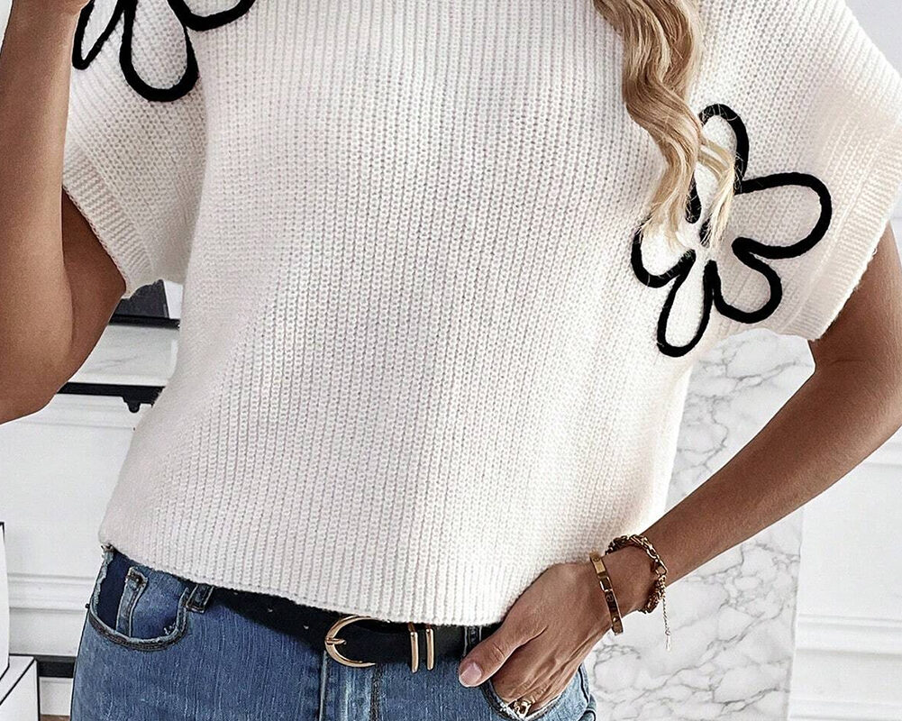 White Sweater Tee with Elegant Flower Embroidery