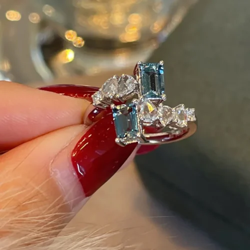New Trendy Sea Blue Zircon Stone Open Rings – Silver Color Square Crystal Engagement and Wedding Ring for Women, Perfect Gift