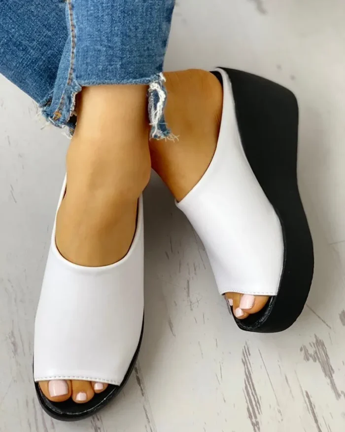 Women's Leather Wedge Slippers - Slip-On Casual Beach Slides, Platform Height Increasing Chunky Shoes, Zapatos De Mujer