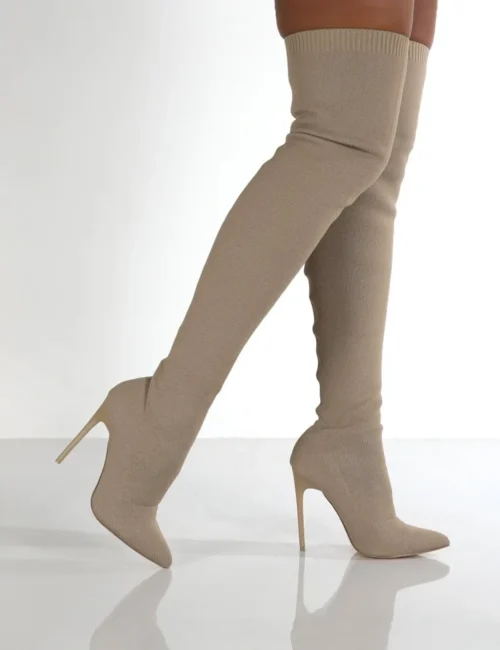 Women’s Over-The-Knee High Heel Boots – Stretch Fabric, Slip-On Pointed Toe Long Boots