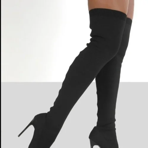 Women’s Over-The-Knee High Heel Boots – Stretch Fabric, Slip-On Pointed Toe Long Boots