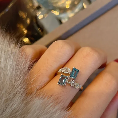 New Trendy Sea Blue Zircon Stone Open Rings – Silver Color Square Crystal Engagement and Wedding Ring for Women, Perfect Gift - Image 3