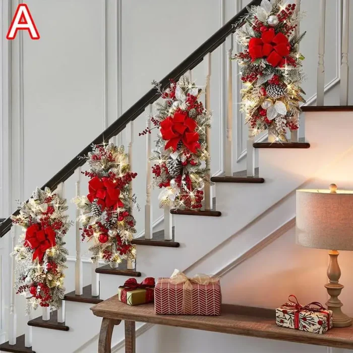 40cm Christmas Wreath with LED Light – Door Hanging Ornament, Garland for Front Door, Stairs, & Fireplaces Decoration