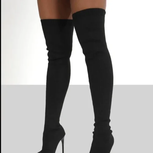 Women’s Over-The-Knee High Heel Boots – Stretch Fabric, Slip-On Pointed Toe Long Boots