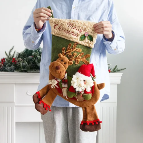 Santa Claus Snowman Riding Deer Christmas Stockings – Creative Fireplace Decor, Kids Gift Bags, Candy Holder