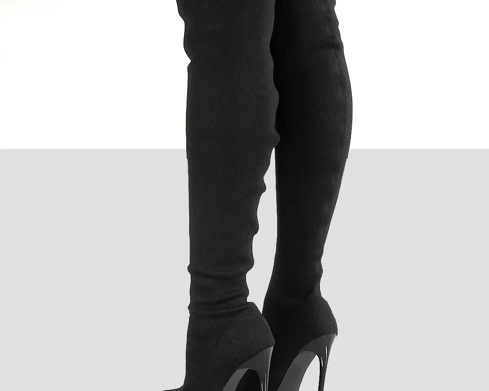 Women’s Over-The-Knee High Heel Boots – Stretch Fabric, Slip-On Pointed Toe Long Boots