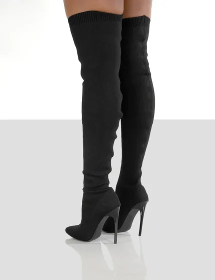 Women’s Over-The-Knee High Heel Boots – Stretch Fabric, Slip-On Pointed Toe Long Boots