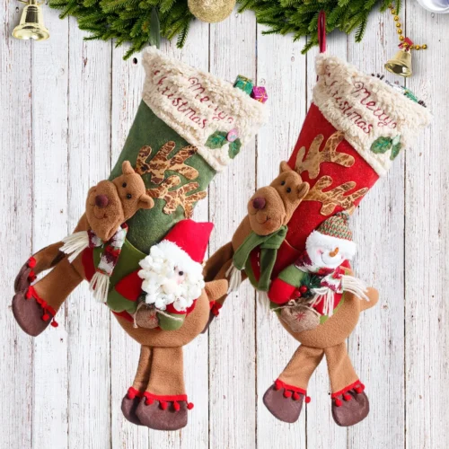 Santa Claus Snowman Riding Deer Christmas Stockings – Creative Fireplace Decor, Kids Gift Bags, Candy Holder