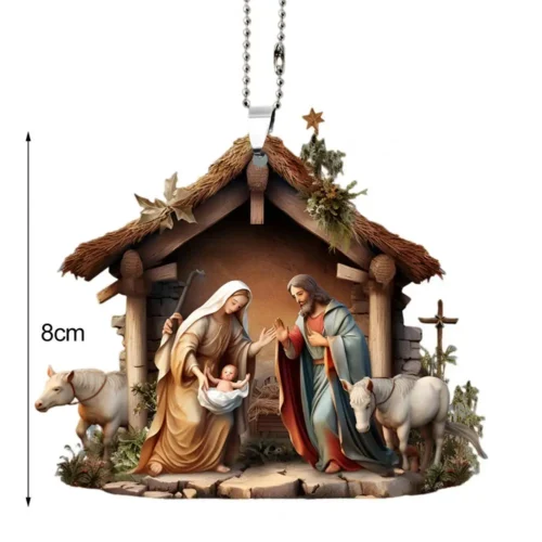 Christmas Pendant Ornament – Jesus Family Prayer Scene, Bright Colored Religious Symbol Pendant for Home & Car - Image 2