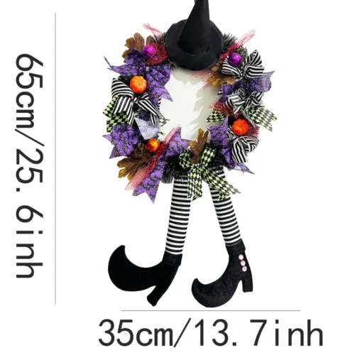 Halloween Wreath with Long-Legged Witch – Wall Hanging Front Door Decorative Pendant for Indoor and Outdoor Decoration