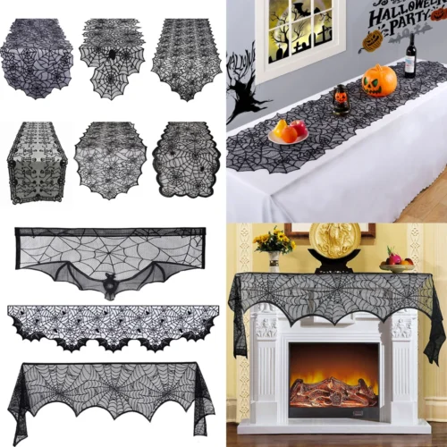 Halloween Lace Spider Web Table Runner – Black Tablecloth and Fireplace Mantel Cover