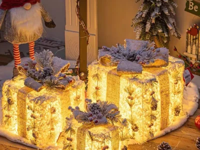 3pcs Christmas Glowing Gift Box Decoration Ornament with Bow, Christmas Lighting Box, Outdoor Lighting Christmas Decoration
