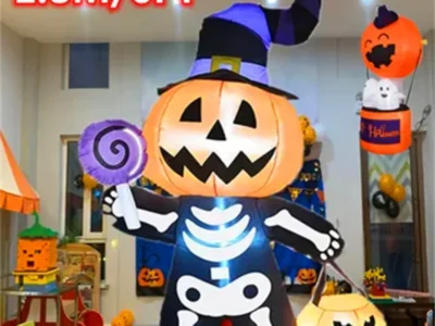 6FT Halloween Inflatable Giant Pumpkin with Skull and Ghost