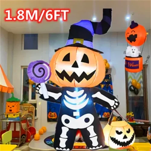 6FT Halloween Inflatable Giant Pumpkin with Skull and Ghost