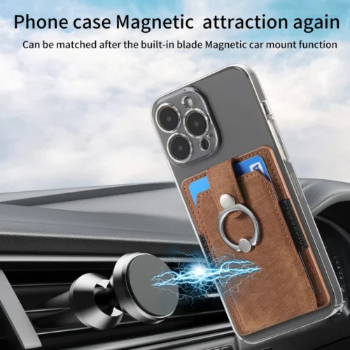 Vintage Car Magnetic Card Holder Leather Sticker – Adhesive ID/Credit Card Wallet with Ring for Smartphone