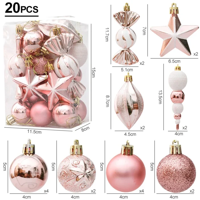 20pcs Christmas Tree Balls & Ornaments – Candy Cane, Pine Cone Set for Home Decoration