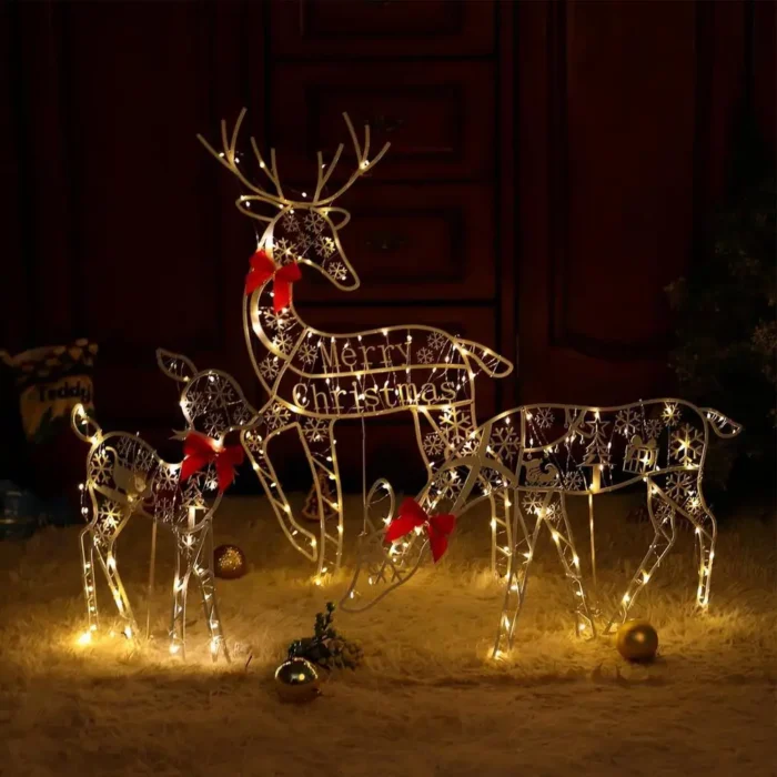 Christmas Reindeer Metal Wrought Iron 3D Garden Patio Decoration – Illuminated Family of Three