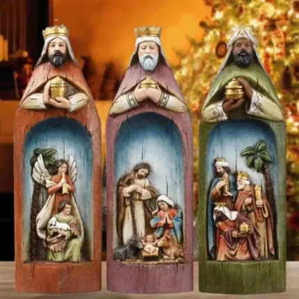 Collectible Resin Ornament – Three Wise Men King Scene, Cape & Bookshelf Statue for Home Desktop Decoration & Xmas Gift