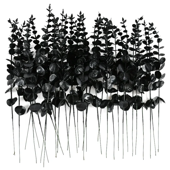 10/20Pcs Black Artificial Eucalyptus Branches – Faux Real Touch Leaves for Halloween, Centerpieces, & Home Decor