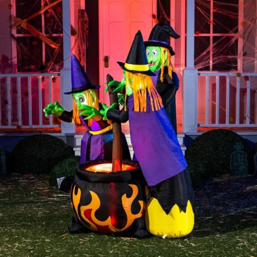 6FT Halloween Inflatable Three Witches Around Cauldron with Flame Light - Image 2