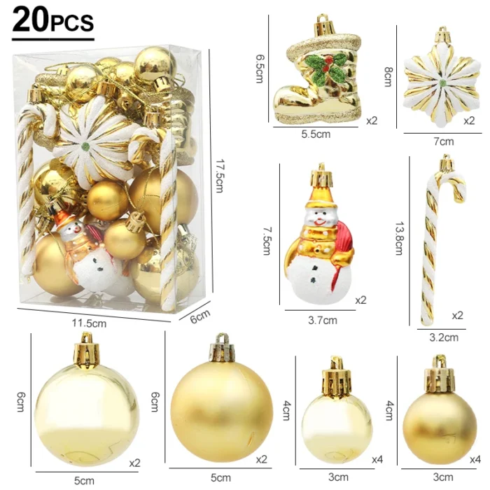 20pcs Christmas Tree Balls & Ornaments – Candy Cane, Pine Cone Set for Home Decoration