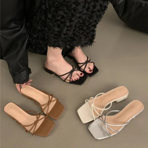 Open Toe Women Slippers - Fashion Narrow Band Slides, Ladies Outdoor Low Heel Sandals, Casual Women's Shoes