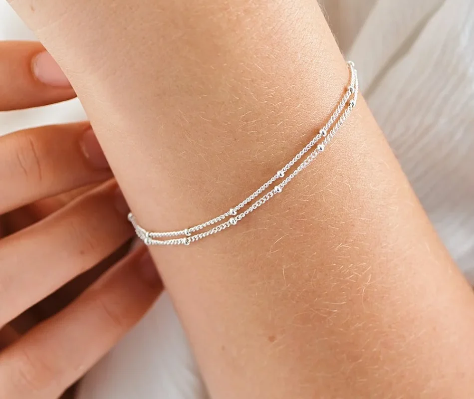 Simple Layered Ball Chain Bracelet - Thin Beaded 316L Stainless Steel Jewelry for Women