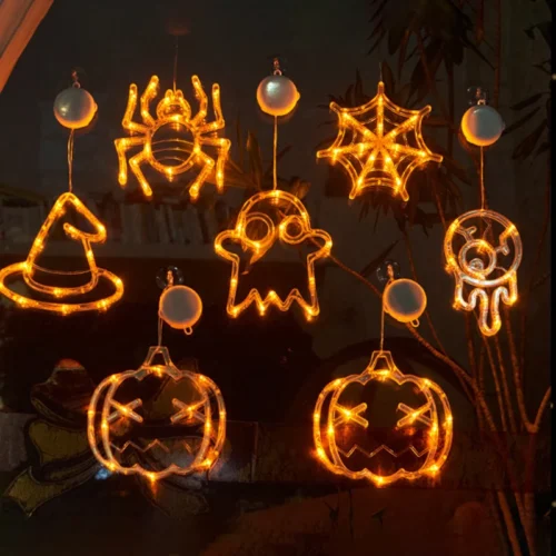 Halloween Window Lights - LED Pumpkin, Spider, Ghost, and Witch Hat Hanging Decorations for Home and Party