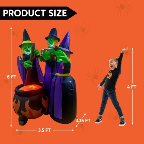 6FT Halloween Inflatable Three Witches Around Cauldron with Flame Light - Image 4