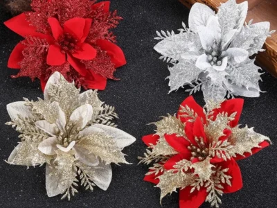 10/5Pcs 14cm Glitter Artificial Christmas Flowers – Xmas Tree Ornaments for Home, New Year, & Navidad Decorations
