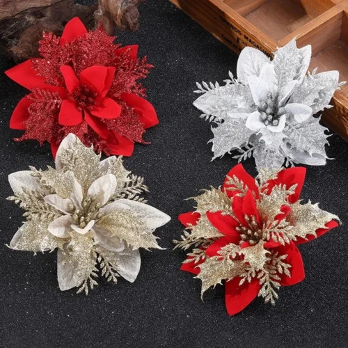 10/5Pcs 14cm Glitter Artificial Christmas Flowers – Xmas Tree Ornaments for Home, New Year, & Navidad Decorations