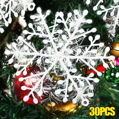 30pcs White Snowflake Ornaments – Glittery Artificial Snowflakes for Xmas Trees, Windows, DIY Wreaths, & New Year Party Decorations