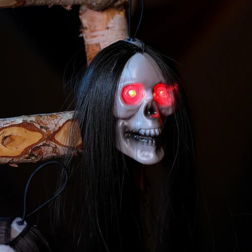 Halloween Hanging Ghost Skull with Long Hair and Glowing Eyes – Terror Skeleton Props - Image 3