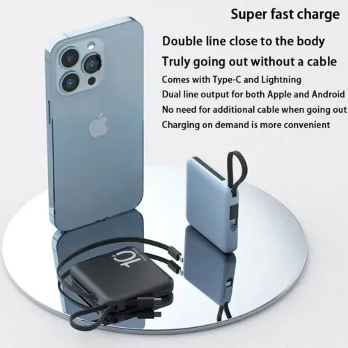 Mini Power Bank with Built-In Cord - Portable Compact 10000mAh External Battery for Fast Charging | Mobile Phone Accessories