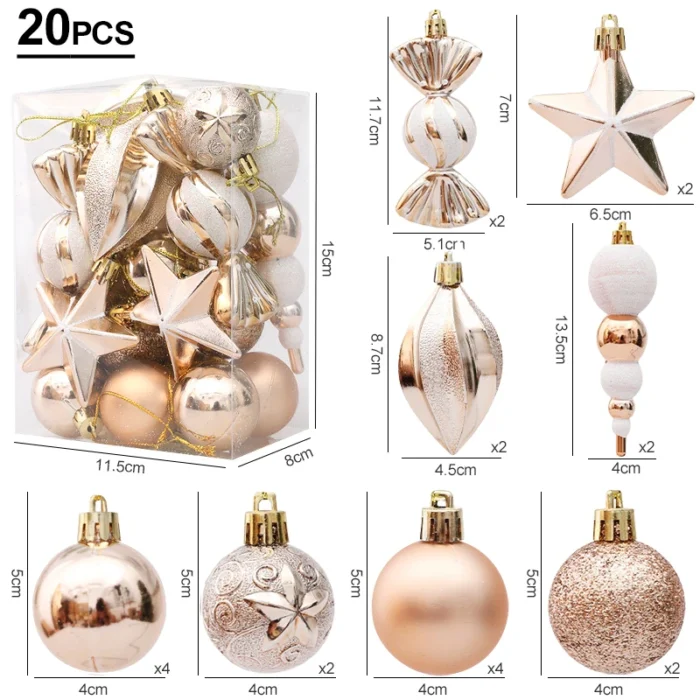 20pcs Christmas Tree Balls & Ornaments – Candy Cane, Pine Cone Set for Home Decoration