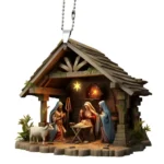 Christmas Pendant Ornament – Jesus Family Prayer Scene, Bright Colored Religious Symbol Pendant for Home & Car