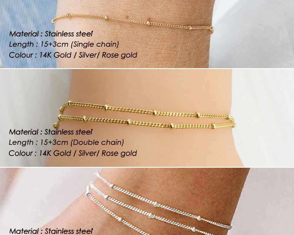 Simple Layered Ball Chain Bracelet - Thin Beaded 316L Stainless Steel Jewelry for Women