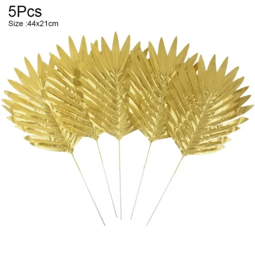 5Pcs Artificial Tropical Palm Tree & Gold Silk Turtle Leaves - Fake Plants for Hawaii Wedding, Jungle Birthday Party Decor