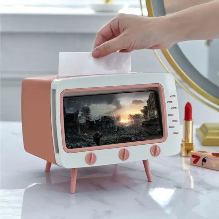 TV Tissue Storage Case with Mobile Phone Stand - Kawaii Tissue Box Dispenser | Creative Multifunctional Tissue Holder for Living Room & Night Stand Decor