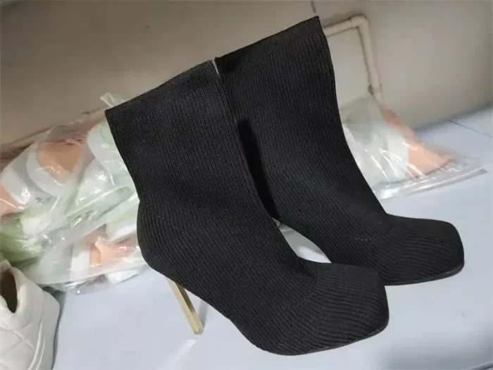 Sexy Party Sock Boots for Women - Large Size 43, Thin High Heels, Fashion Shoes, Square Toe Stretch Ankle Boots